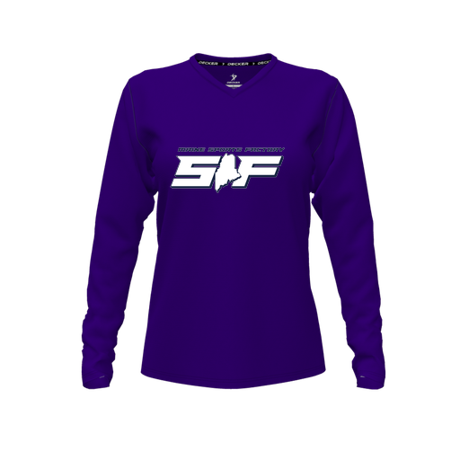 [FTLVCFPP-FYXS-LOGO1] Decker Comfort T-Shirt (Female Youth XS, Purple, V Neck, Logo 1, Long Sleeve)