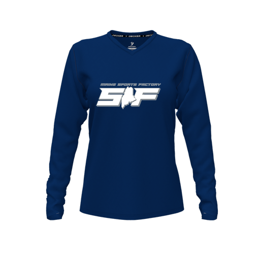 [CUS-DFW-TEES-PER-VNK-LSL-NVY-FYXS-LOGO2] Performance T-Shirt (Female Youth XS, Navy, V Neck, Logo 2, Long Sleeve)