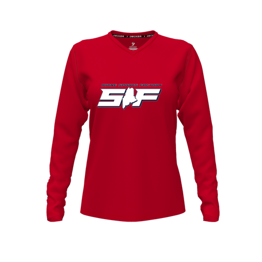 [CUS-DFW-TEES-PER-VNK-LSL-RED-FYXS-LOGO1] Performance T-Shirt (Female Youth XS, Red, V Neck, Logo 1, Long Sleeve)