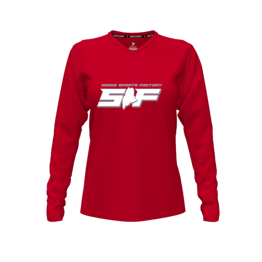 [CUS-DFW-TEES-PER-VNK-LSL-RED-FYXS-LOGO2] Decker Performance T-Shirt (Female Youth XS, Red, V Neck, Logo 2, Long Sleeve)