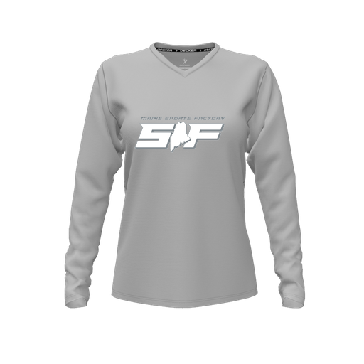 [CUS-DFW-TEES-PER-VNK-LSL-GRY-FYXS-LOGO2] Performance T-Shirt (Female Youth XS, Gray, V Neck, Logo 2, Long Sleeve)